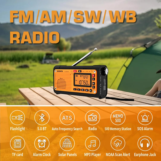 XHDATA D-608WB Emergency Crank Weather Radio – Portable Radio with Charger &amp; Bluetooth